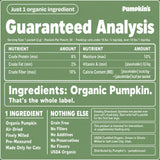 Pumpkin's Gut Magic guaranteed analysis and ingredients label — one organic ingredient (organic pumpkin), grain-free with no fillers, additives, or preservatives, USDA certified organic