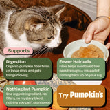Cat sniffing a bowl of food topped with Pumpkin's Gut Magic — supports digestion, means fewer hairballs, and contains nothing but one organic ingredient: pumpkin