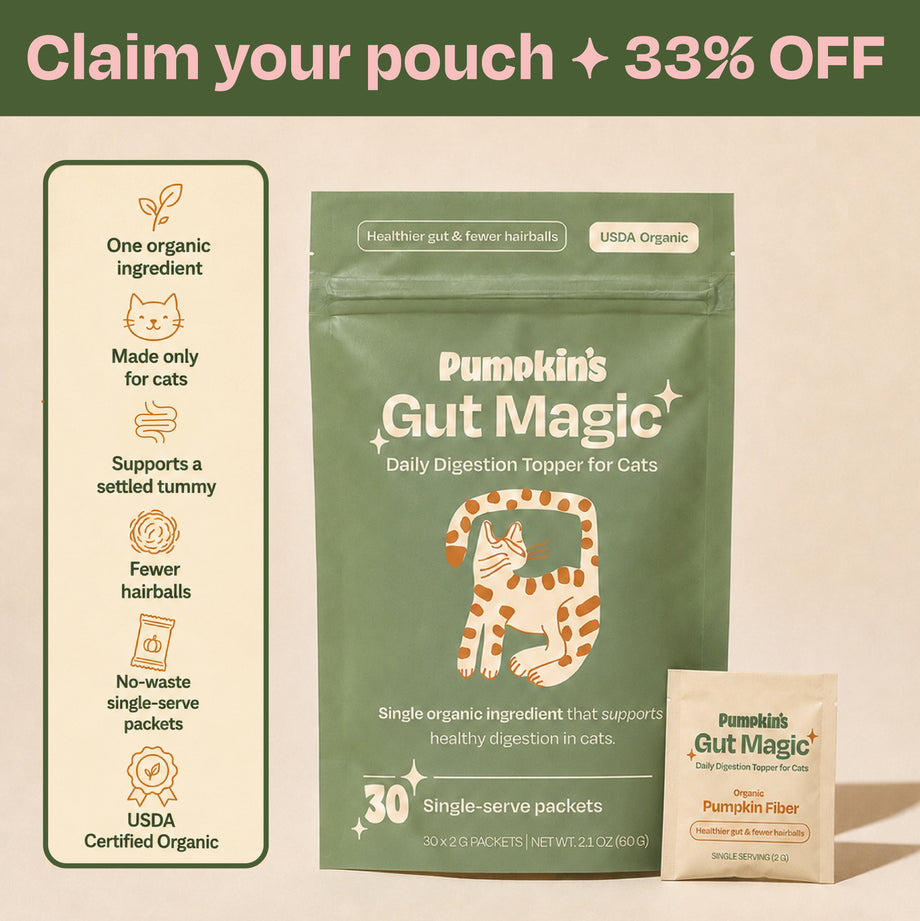 Pumpkin's Gut Magic organic pumpkin fiber daily digestion topper for cats — 30 no-waste single-serve packets, USDA certified organic, supports a settled tummy and fewer hairballs